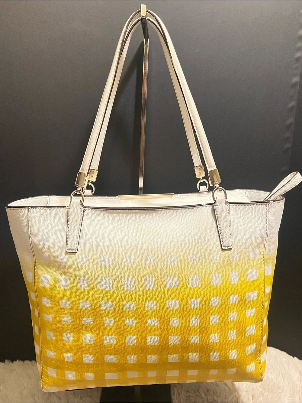 Rare Coach Madison Gingham Leather East West Yellow and Cream Ombre Check Tote